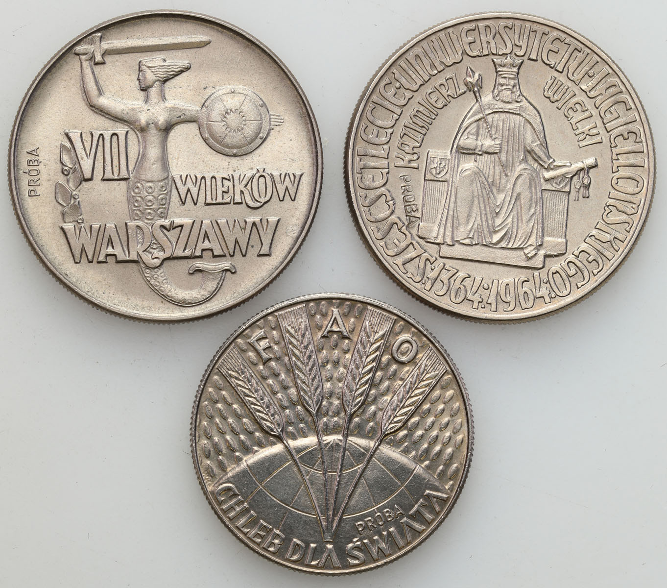 PRL. PRÓBA miedzionikiel 10 złotych 1964, 1966, 1965, 1971, zestaw 3 monet